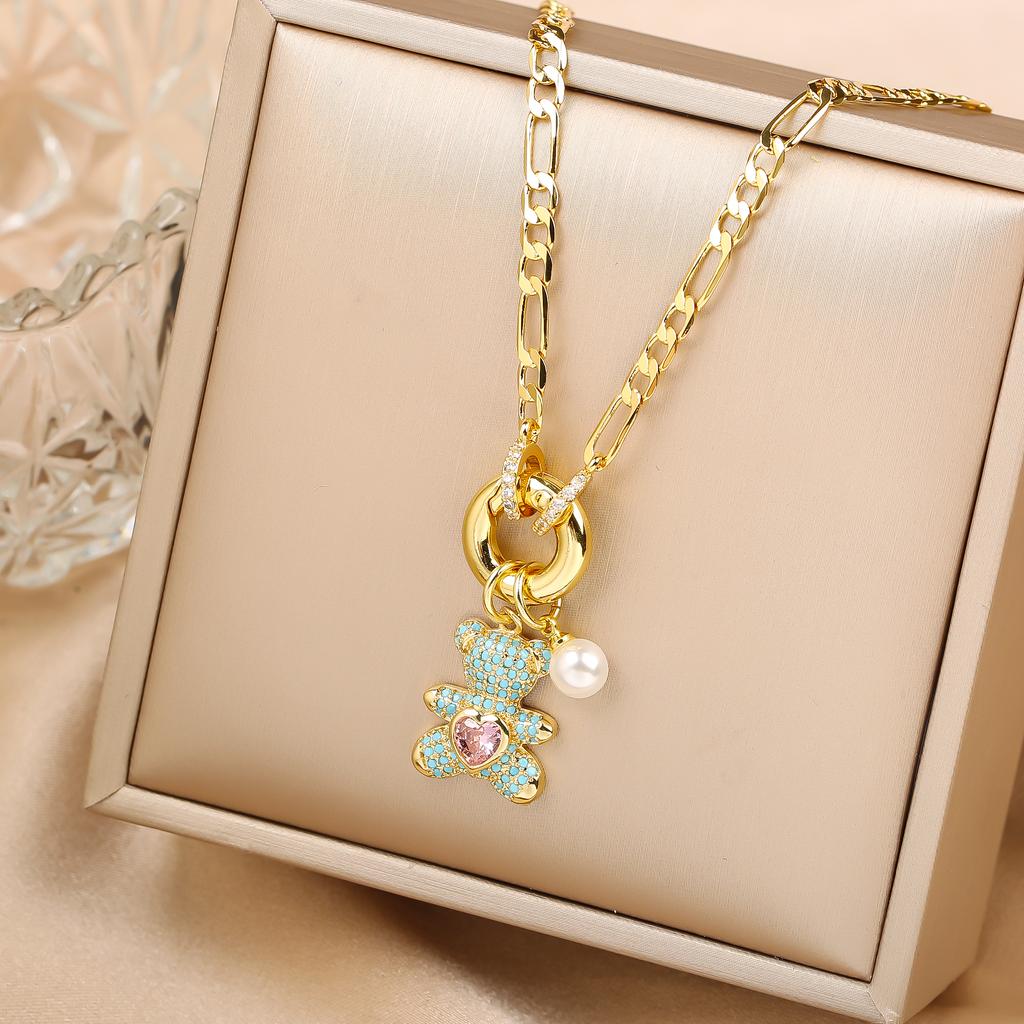 High Quality Shiny Crystal Zirconia Animal Cute Bear Pendant Necklace Choker for Woman Girl Holiday Lock Bone Chain Jewelry Gift