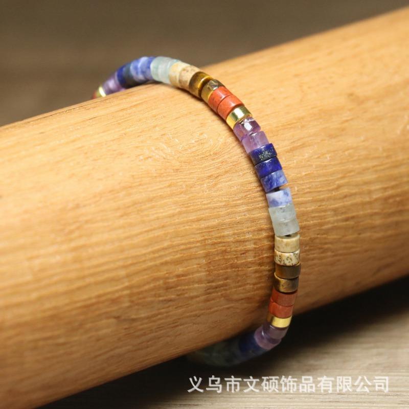 Chakra Natural Stone Heishi Bead Bracelet – Gold Accent Adjustable Boho Jewelry, Balance Energy Gift for Men & Women