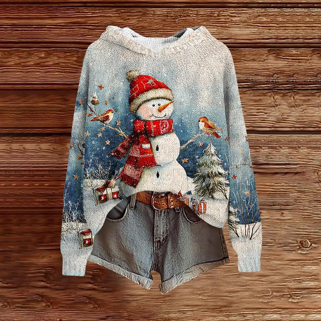 Women's Fashion Casual Long Sleeve Christmas Print Hooded Knitted Sweatshirt
