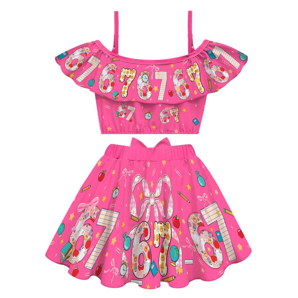 20760 Kids Girls Steal a Brainrot 67 Print Swimsuit Swimwear Top Skirt Sets