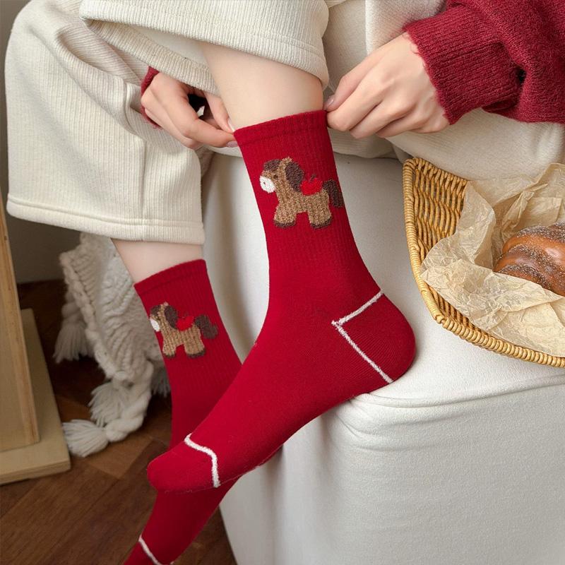 1Pair Knee-high 2026 Stacked Socks Gift Horse Pattern Soft Socks Red Cotton