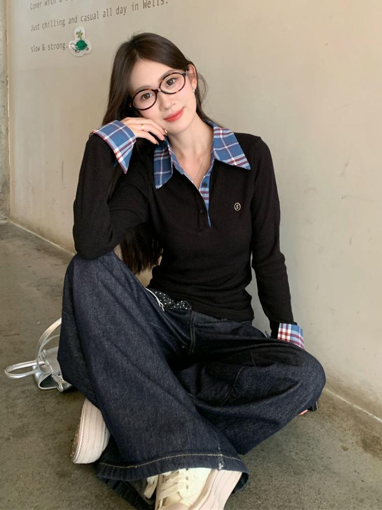 Harajuku Autumn Fake Two Pieces Shirt Women Polo Collar Elegant Long Sleeved Slim Tops Korea Chic Plaid Casual T-shirt Winter