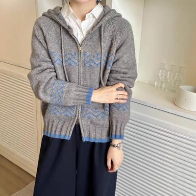 Autumn and Winter New Retro Fair Island Zipper Hooded Knitted Cardigan Women's Loose Lazy Jacquard Sweater Jacket