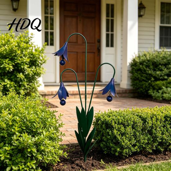 Handcrafted Metal Garden Stake Triple Bluebells with Bells Handmade Flower Yard Art Stakes With Wind Chimes Rustic Decorative Outdoor Bell for Lawn