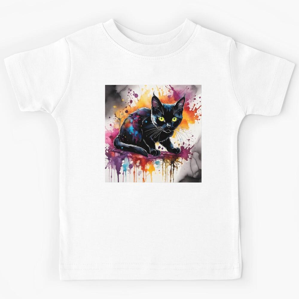beautiful cute adorable black cat in paint splashes Kids T-Shirt 160