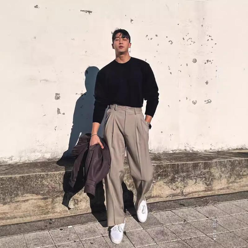 Men High Waist Double Pleated Loose Straight Non Iron Casual Suit Trousers