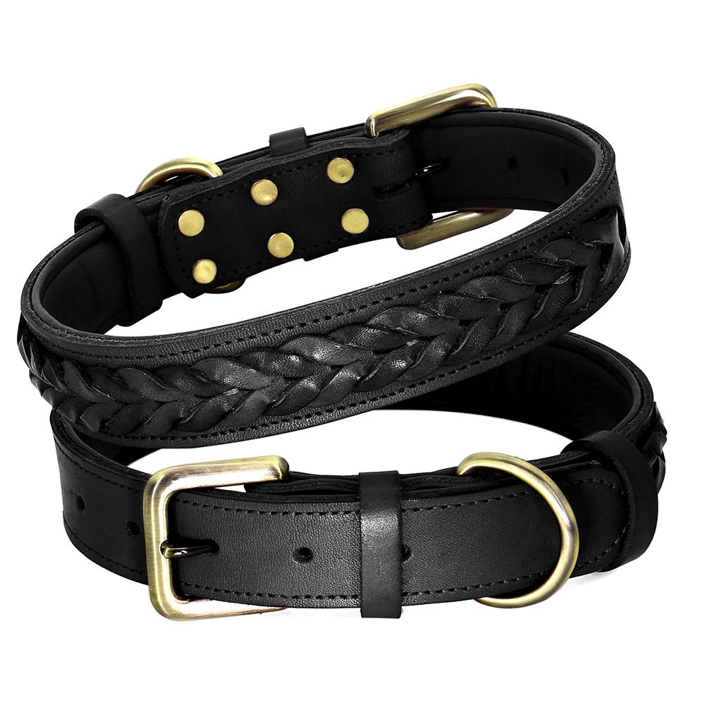 Cow Leather Dog Collar Leash Genuine Leather Big Dog Collars Lead Braided Pet Collars For Medium Large Dogs German Shepherd