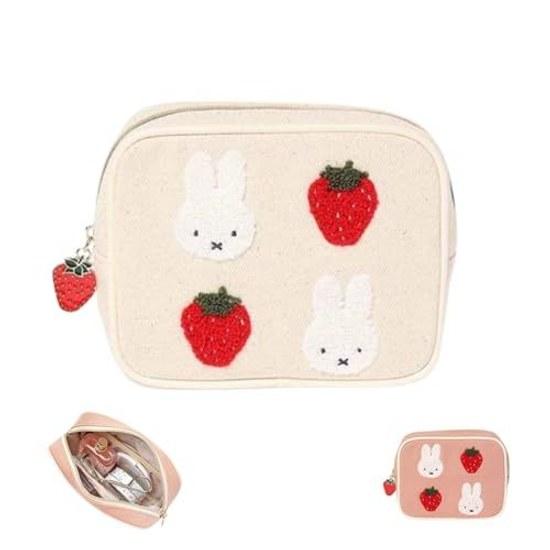 Storage Pouch Cosmetic Mini Wallet Small Item Holder Portable Strawberry Embroidery Cute Stylish White
