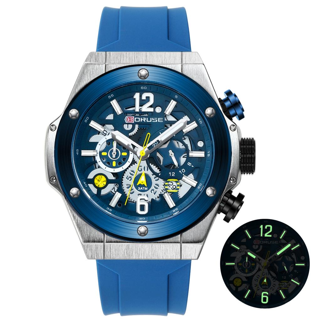 BORUSE Casual men's watch hands Quartz men's watch Large dial large digital men's watch glow-in-the dark men's watch silicone strap