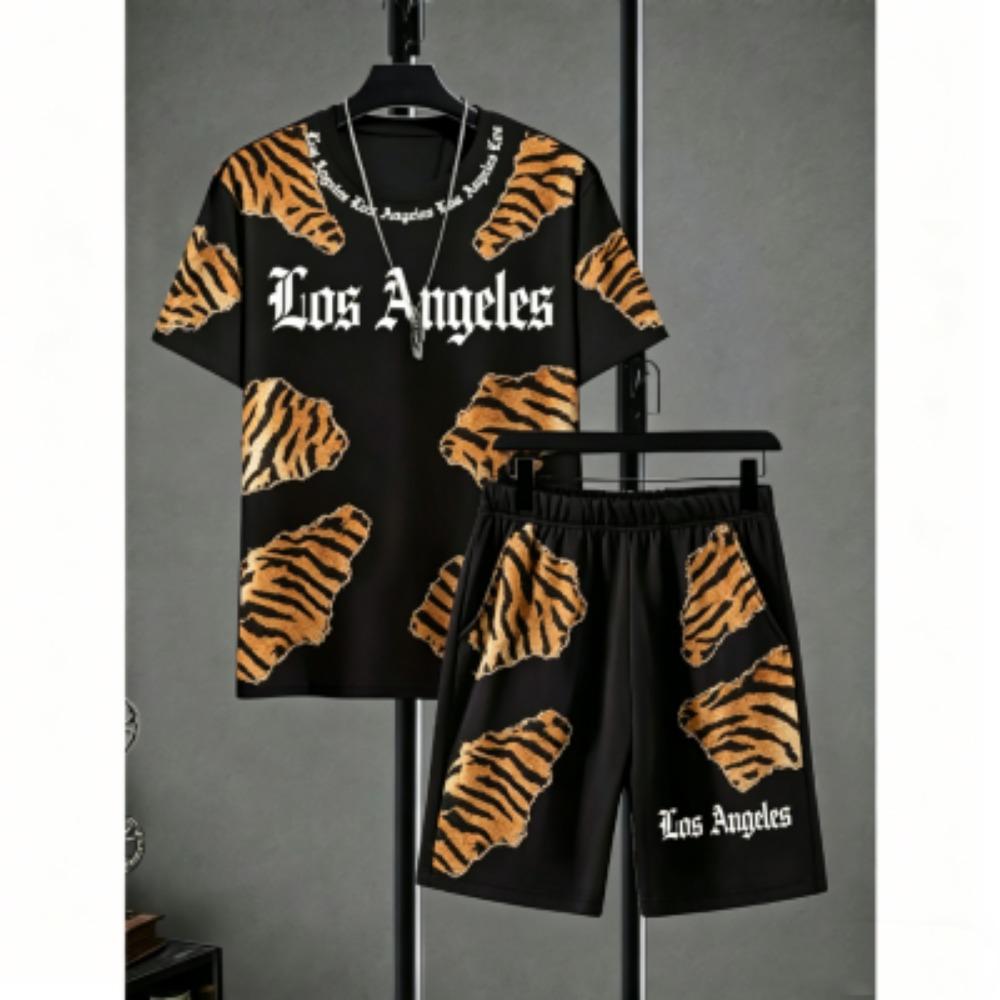 Fashion Men's Set Animal Tiger Lion Stripe Printed Men's T-shirt and Shorts 2 Piece Set Summer Casual Outdoor Men's and Women's T-shirt Sets