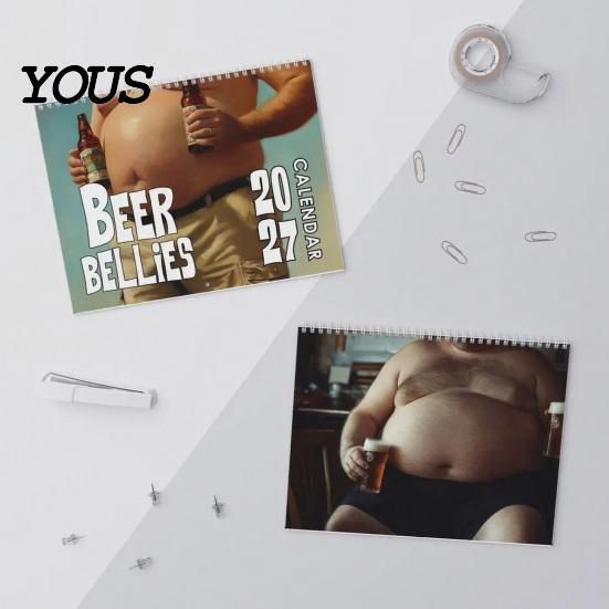 Office Gag Present for Colleagues 2027 Beer Bellies Wall Calendar, Funny Men Photo Monthly Planner with Coil Practical Date Tracker Binding