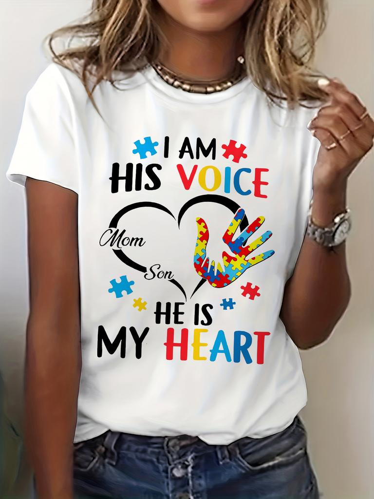 Graphic T-Shirt for Autism Awareness Featuring a Mother And Son, Perfect for Casual Wear In The Summer And Spring, Part of Women'S Apparel