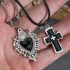 2pcs Set Retro Gothic Flame Sacred Heart Cross Pendant Necklaces Stacked Set for Women Men Halloween Party Jewelry Accessories