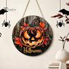 Fall Seasonal Door Hanger Halloween Wooden Sign, Flame Pumpkin Maple Leaf Printed Round Hanging Plaque, Wall for Shop Window Waterproof Decorative