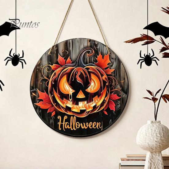 Fall Seasonal Door Hanger Halloween Wooden Sign, Flame Pumpkin Maple Leaf Printed Round Hanging Plaque, Wall for Shop Window Waterproof Decorative