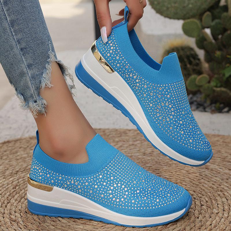 Fashion Hot Pink Shiny Crystal Knitted Sneakers for Women Fashion Wedge Comfortable Sports Shoes Woman Lightweight Slip On Running Shoes