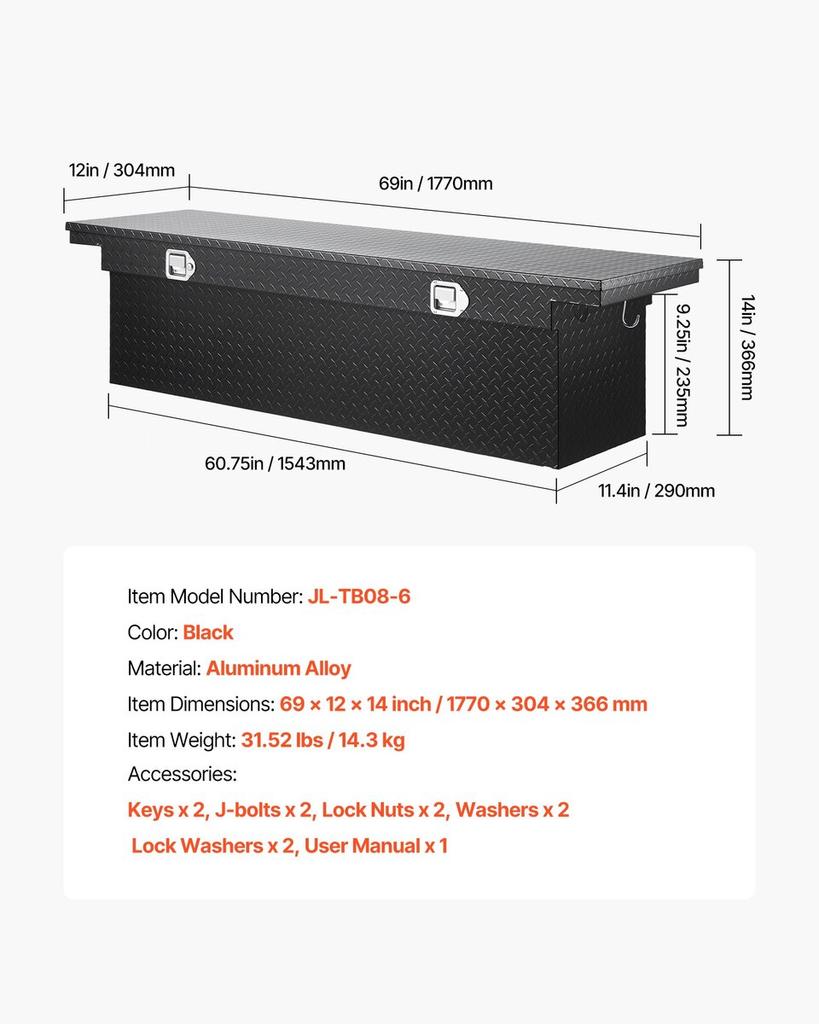Crossover Truck Werkzeugkasten, 69x12x14 Zoll, Robuster Aluminium-Werkzeugkasten mit Rautenstruktur, Werkzeugkasten für Pickup-Ladefläche, Wohnmobil, Anhänger, Wasserdichte Aufbewahrung