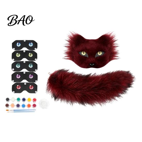 Realistic Fox Masque with Tail DIY Therian Kit, Plush Furry Fox/Cat Animals Multi Colored Eye Lenses Mesh, for Christmas Halloween Masquerade Cosplay
