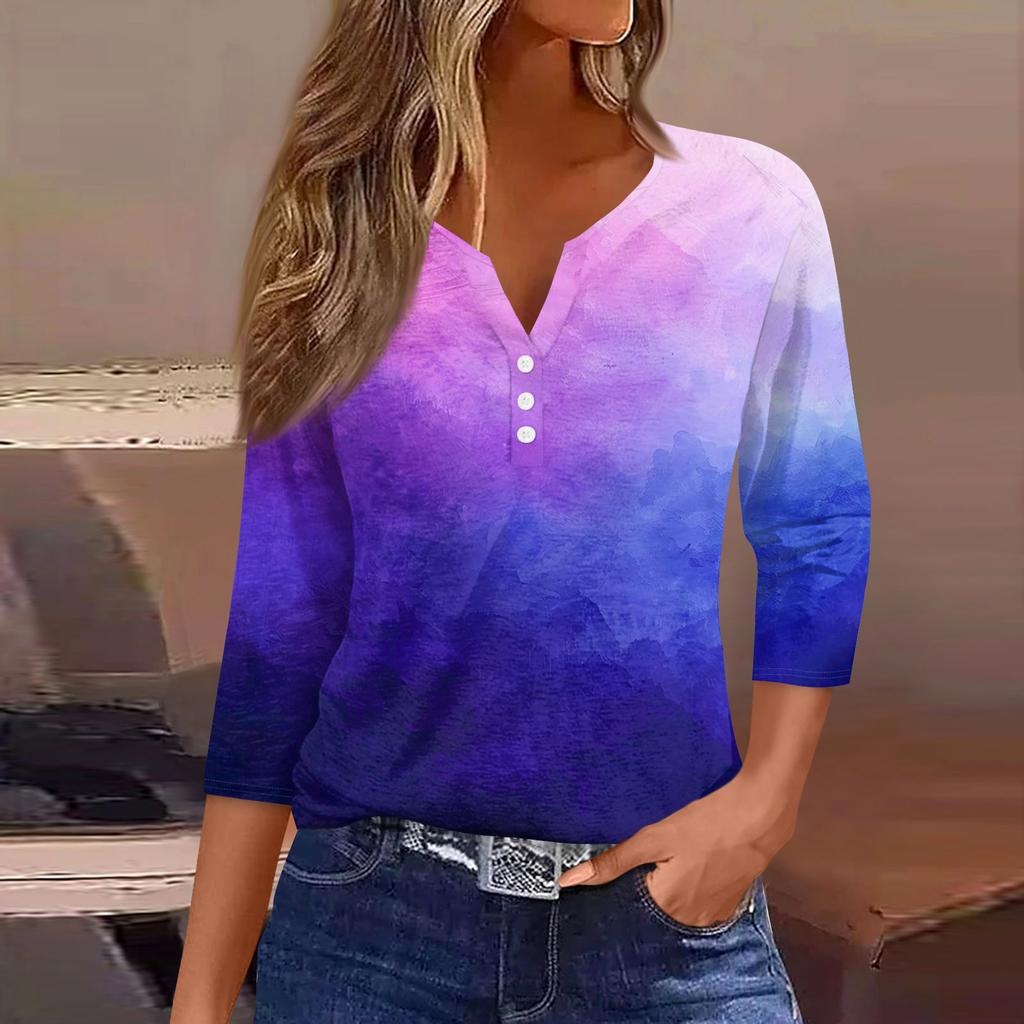 Camiseta de mujer Camiseta estampada Botón Manga 3/4 Moda diaria Fin de semana Básica Cuello en V Top regular