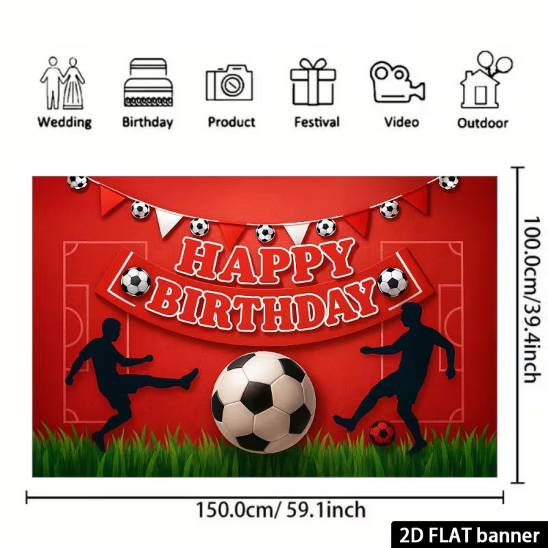 2D Soccer Party Backdrop - Red Grass Football Banner for Kids Sports Birthday Photoshoot