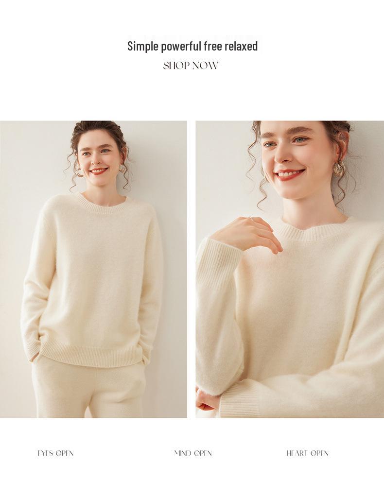 Women's Casual Round Neck Cashmere Knit Sweater - Thickened Double-Strand, Versatile and Loose Fit
