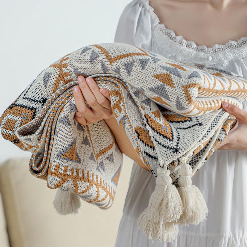 Bohemian Soft Tassel Knitted Blankets Plaid Tapestry Nap Blanket Vintage Air Conditioning Blankets Knit Blanket For Travel