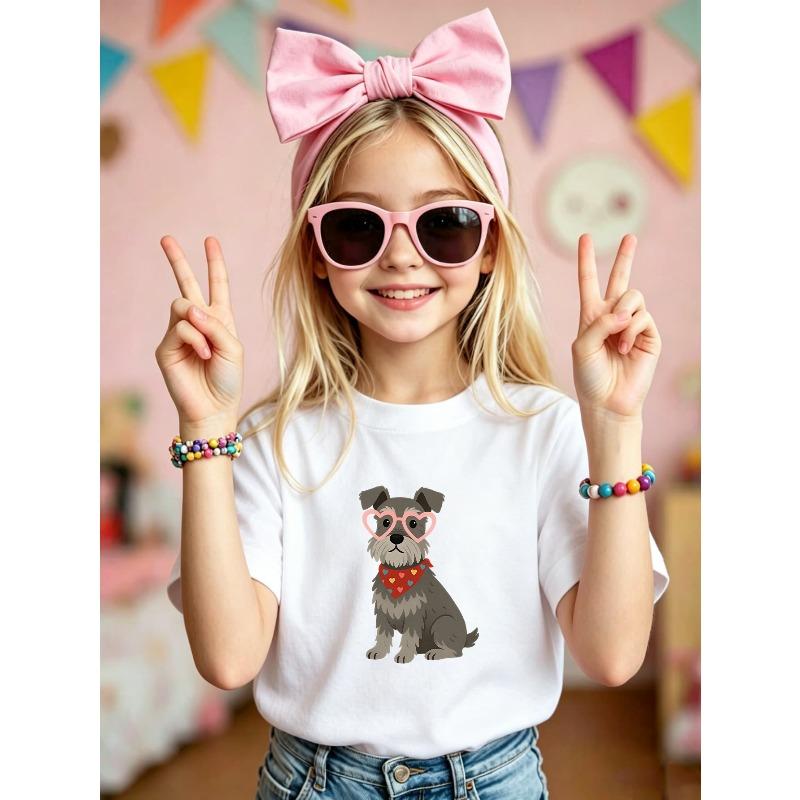 European sizes Cute Schnauzer Dog Pattern T-Shirt, Girls  Soft Casual Short Sleeve Tee, Heart Glasses Dog Lover Graphic Top 110 белый