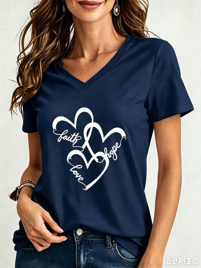 Funny Love 3D Print Women's T-Shirts Fashion V-neck Short Sleeve Tops Daily Casual Girl T shirt Summer Loose Tee Ladies Clothing