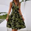 Women's Spring And Summer Casual V-Neck Sleeveless Waist Floral Print Midi Dress