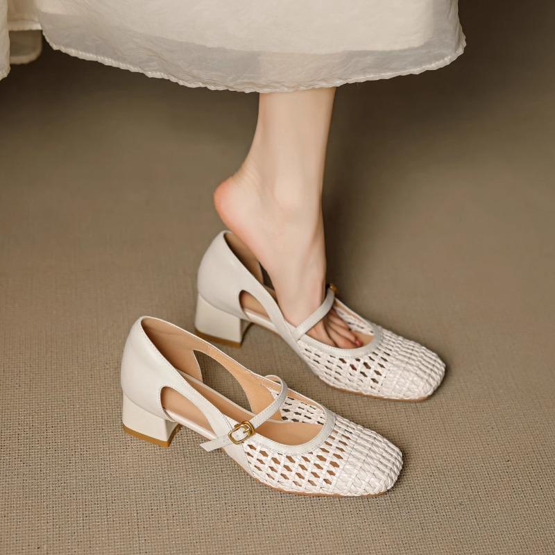 Summer Block Heel Woven Cutout Wrapped Toe Sandals Women's Square Toe Shallow Mouth One Strap Kitten Heel Mary Jane Shoes