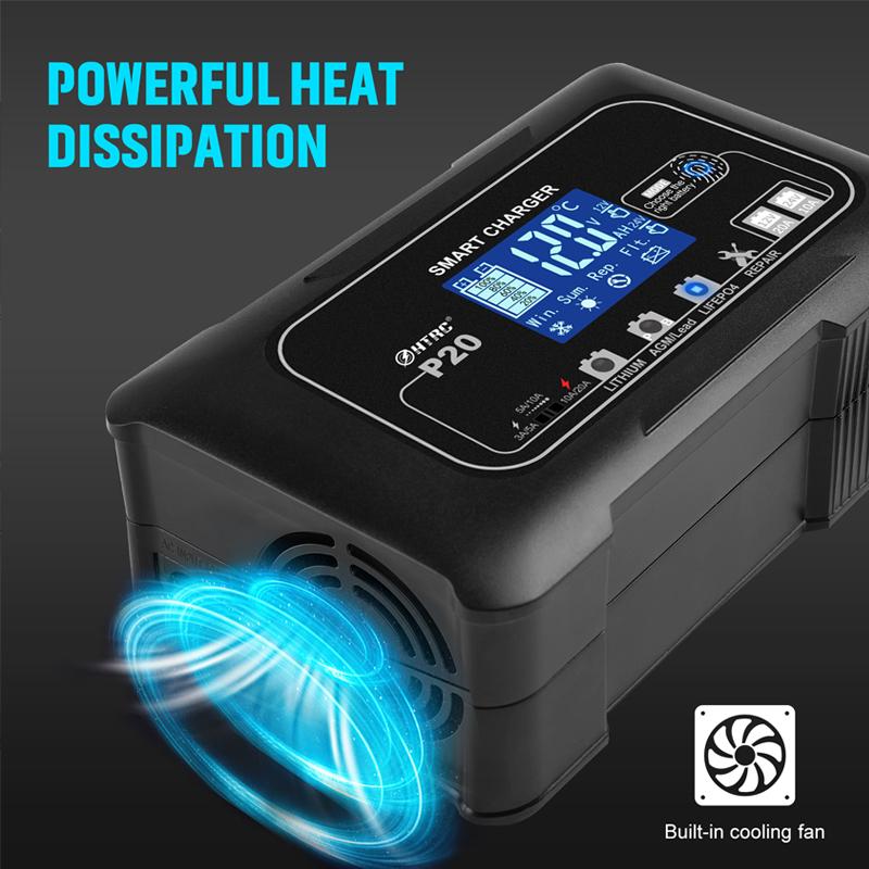 HTRC 12V/24V 20A Full Automatic Car Battery Charger For Motorcycle Lithium Lifepo4 GEL AGM Wet Lead-Acid Battery Repair Charger
