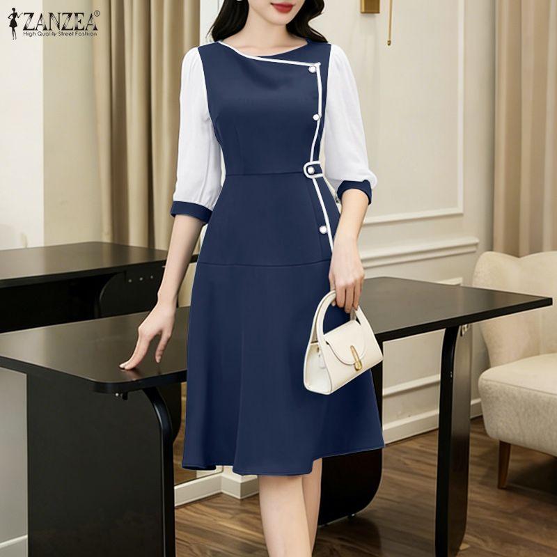 ZANZEA Women Casual Round Neck Splice 3/4 Sleeve Elegant Dress