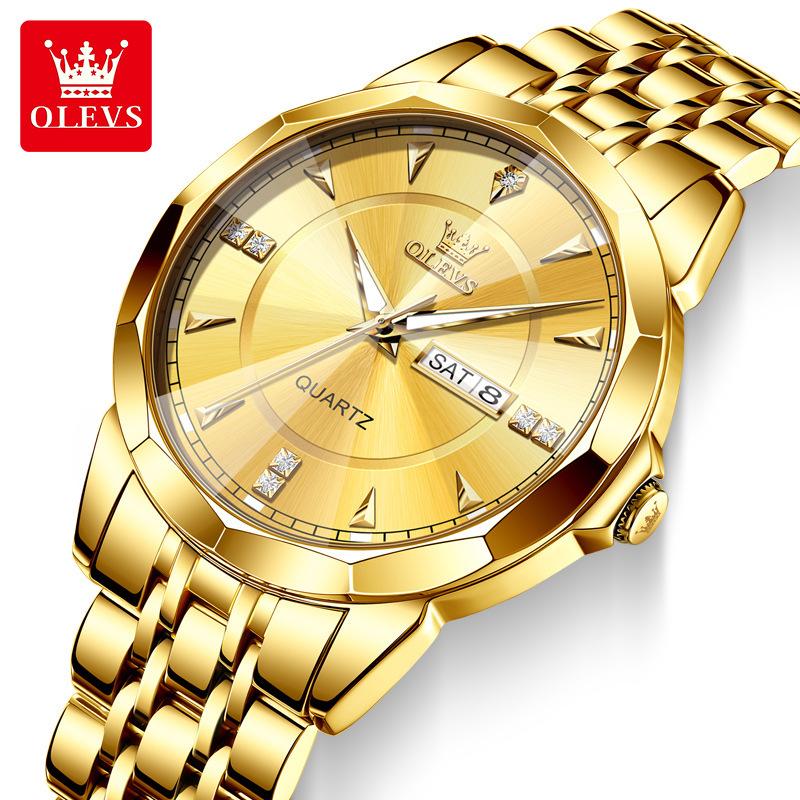 OLEVS Fashion Classic Dual Calendar Quartz Watch For Men Rhombus Mirror Luxury Wristwatch Waterproof Original Man Watches