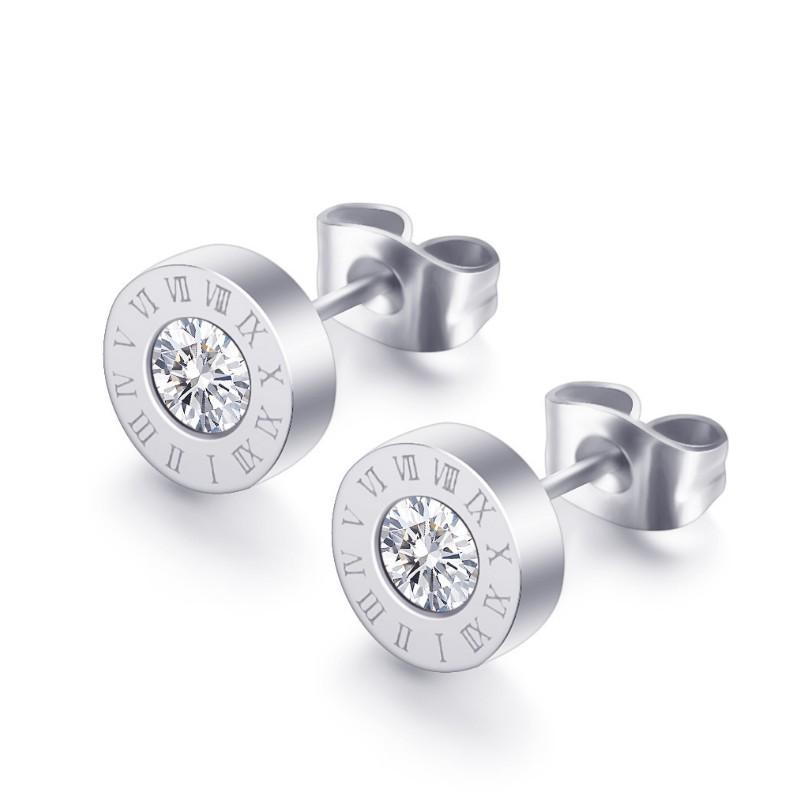 Stainless Steel Zircon Roman Numeral Stud Earrings for Women