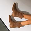 Women's Retro Short Boots Flock Square Heel Pointed Toe V-mouth Embroidery British Style Women Shoes Large Size 42 Ankle Booties