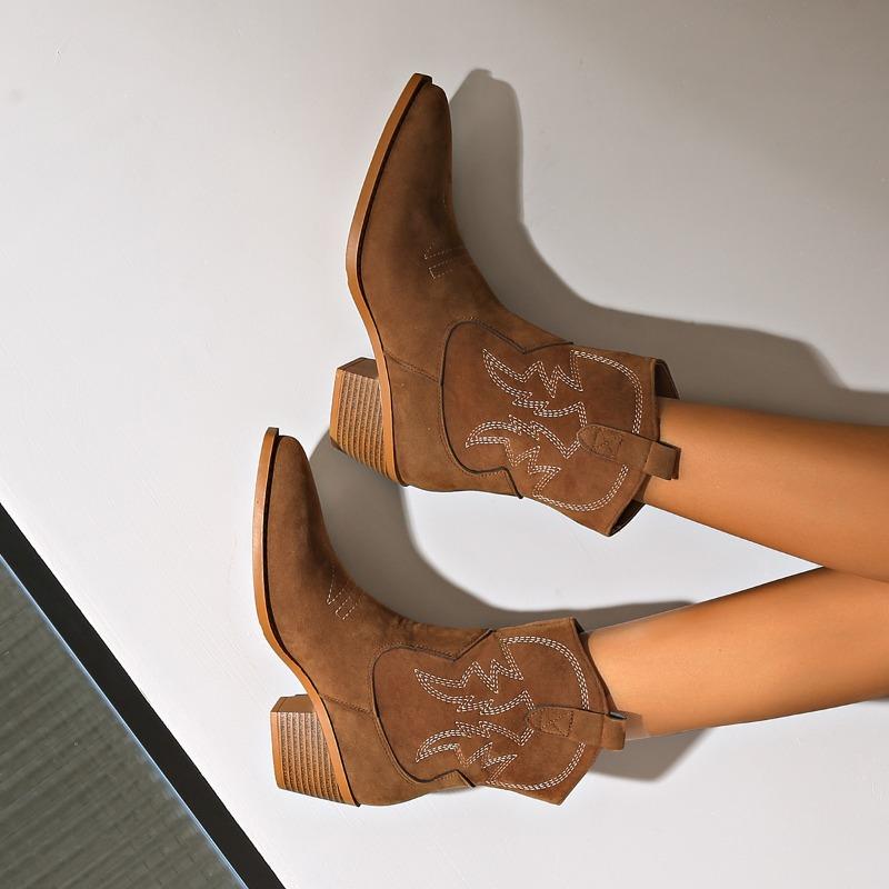 Women's Retro Short Boots Flock Square Heel Pointed Toe V-mouth Embroidery British Style Women Shoes Large Size 42 Ankle Booties