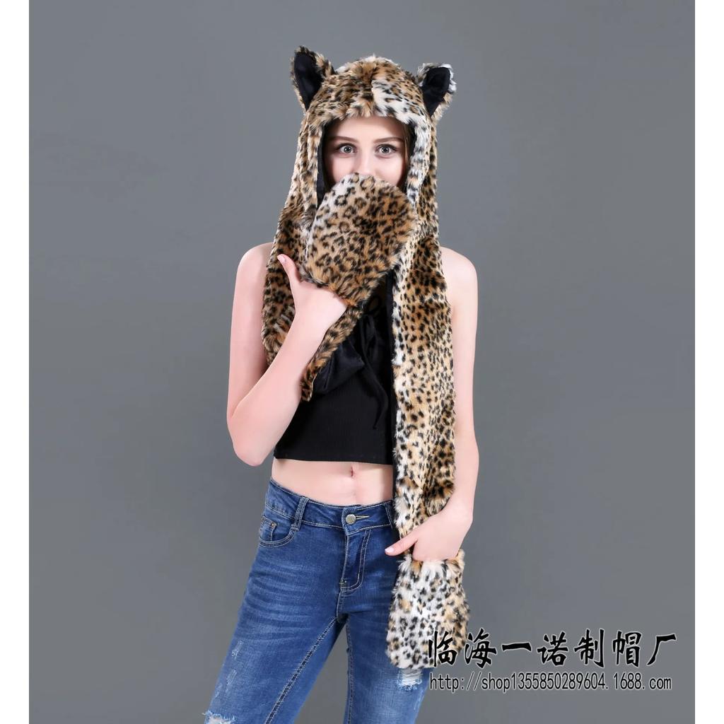 Women Girls Y2K Beanie Fur Animal Hat Scarf Glove Mitten 3-in-1 Function Furry Hoodie with Paws Ears Party Costume