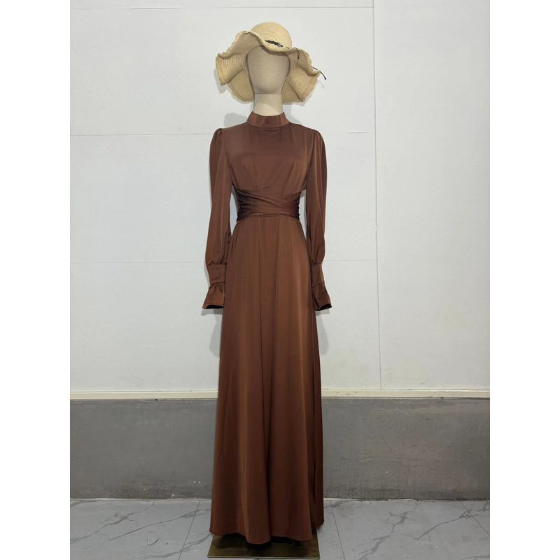 Waist Up Dress2024 Spring and Autumn European and American Women Clothes Satin Long Sleeve Temperament Elegant Waist Hugging Big Hemline Dress