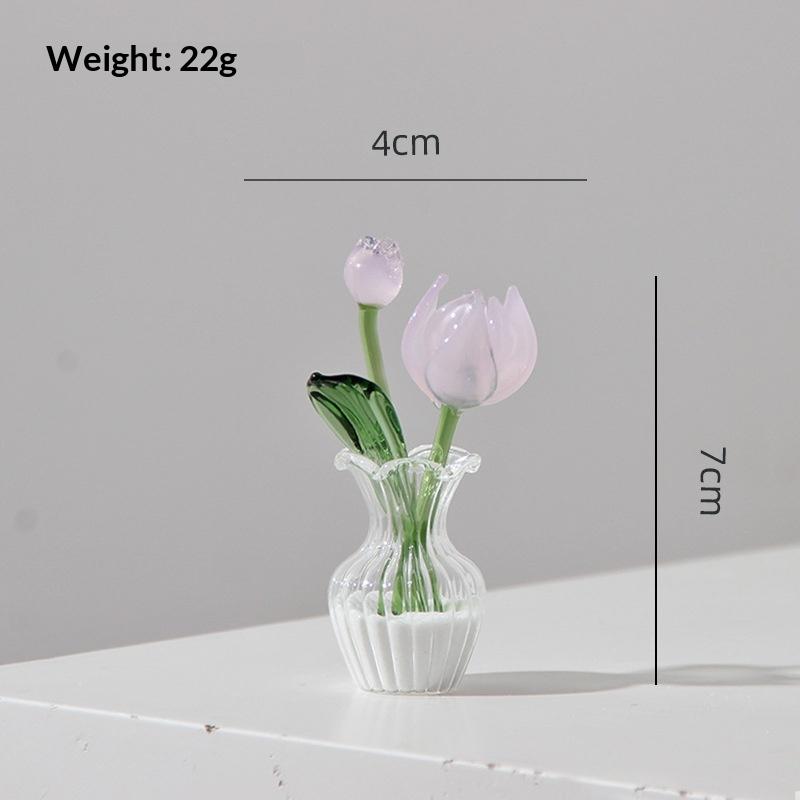 Handmade Glass Mini Flower Ornament Art Glass Artificial Flower With Small Vase Tabletop Decoration For Home Desktop Gift