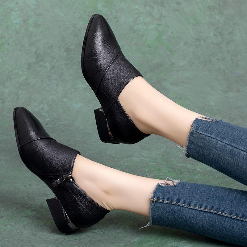 Zapatos De Mujer women black plaid pointed toe pu leather slip on square heel shoes lady classic sweet shoes a6956