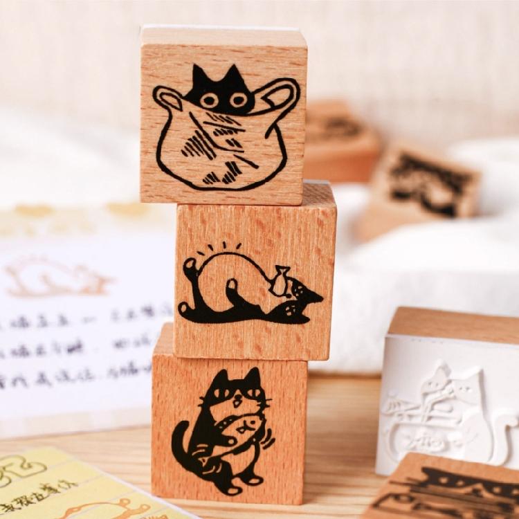 Charming Cats Themed Miniature Wood Stamps Adorable Cats Shape Stamp For Handmade Journal Card And Artistic Decorations