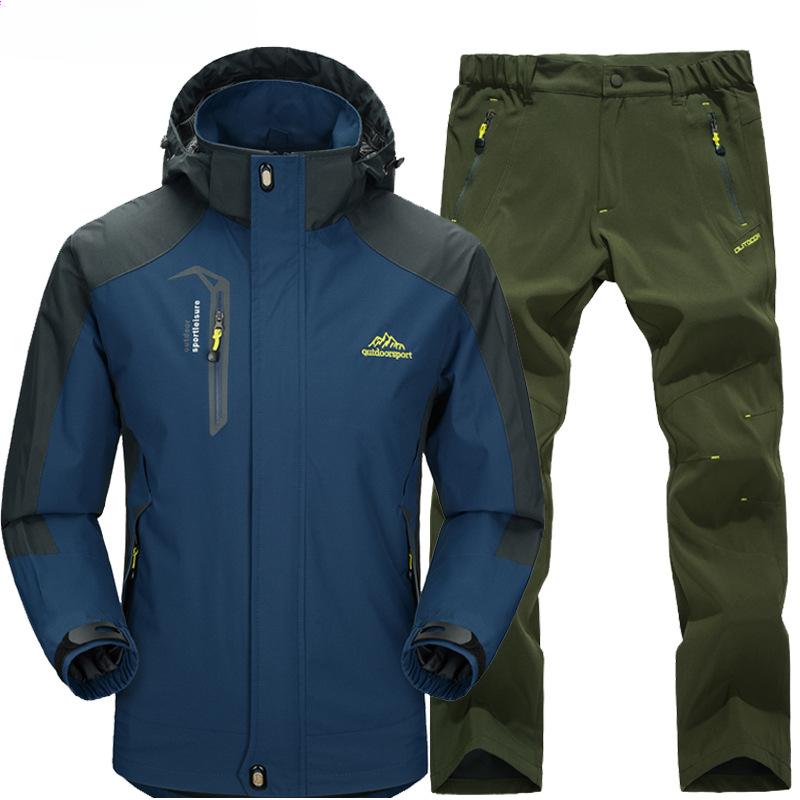 Outdoor Hiking Jacket and Pants Sets Men Autumn Waterproof Windproof Hooded Jackets Trip Mountain Camping Clothes
