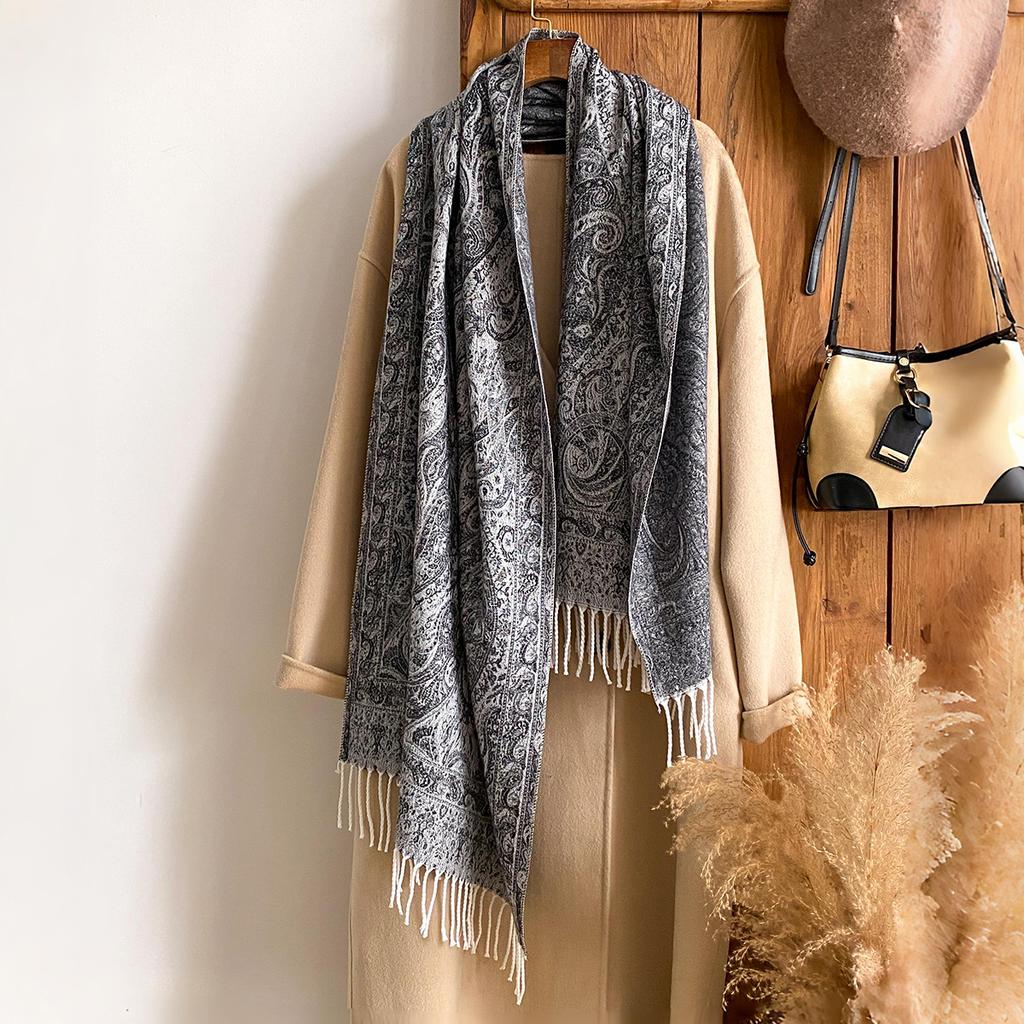 Rand Fashion Dámský zimní kašmírový šál - Vintage květinový potisk s třásněmi ve stylu olejomalby Pašmína Silný přehoz & Šála