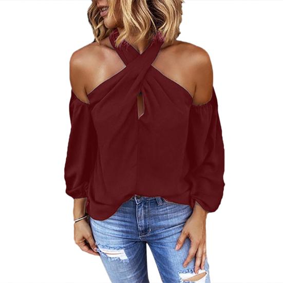 Women Solid Color Long Sleeve Sexy Halter Off Shoulder Back Zipper Blouse Top
