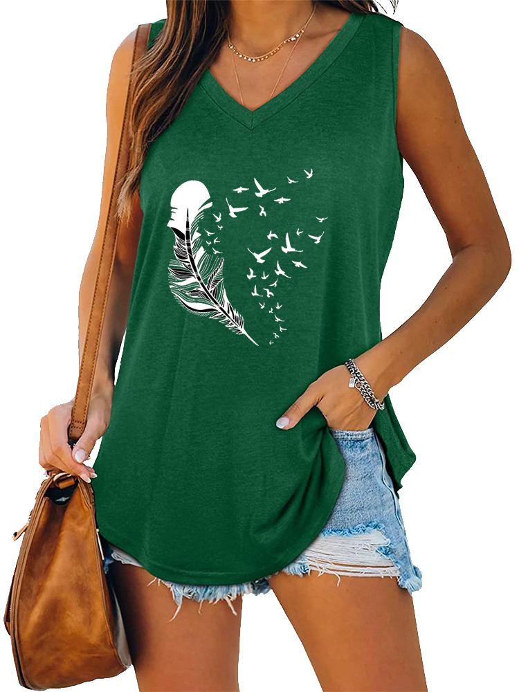 Women Fashion V Neck Printed Sleeveless Top Summer Casual Pullover Loose Tank Top