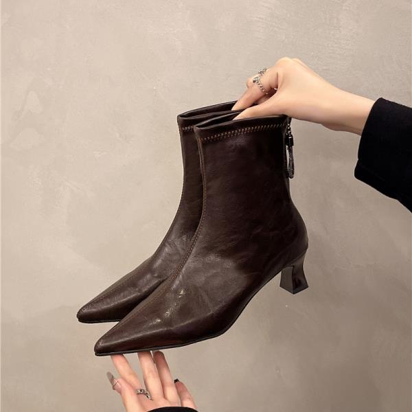 Mode Weiße Stiefeletten mit Reißverschluss hinten Winterschuhe für Damen Stiefel-Damen Reißverschluss Niedrig Sexy 2025 Damen Hoher Absatz Spitz Rock Herbst Spitz T