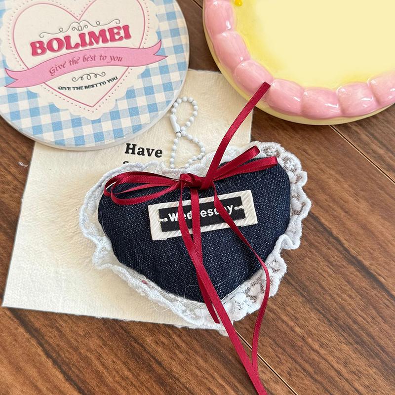 Sweet Denim Love Ribbon Keychain Charm Keyring Pendant Jewelry For Girl Women Gift Bag Decoration