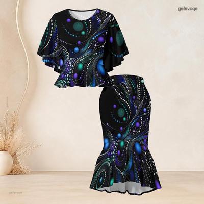 Women Plus Size Printed Two Piece Skirt Set Round Neck Batwing Sleeve Ruffle Hem Top Fishtail Skirt