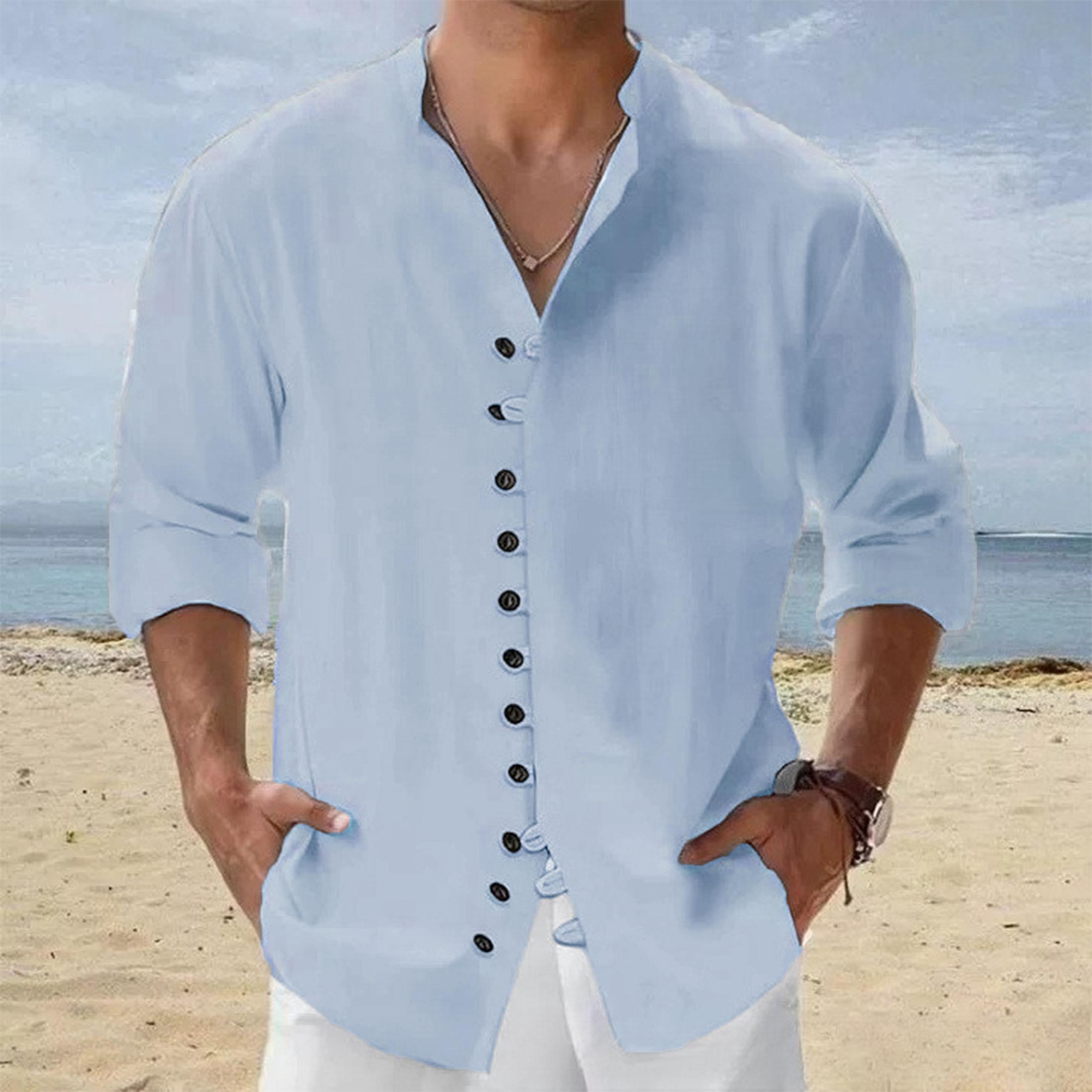 

Long Sleeve Shirt for Men Cotton Linen Henley Neck Single Breasted Stylish Fashion Button Tops Casual Shirts Male Dailywear S небо синє кольору