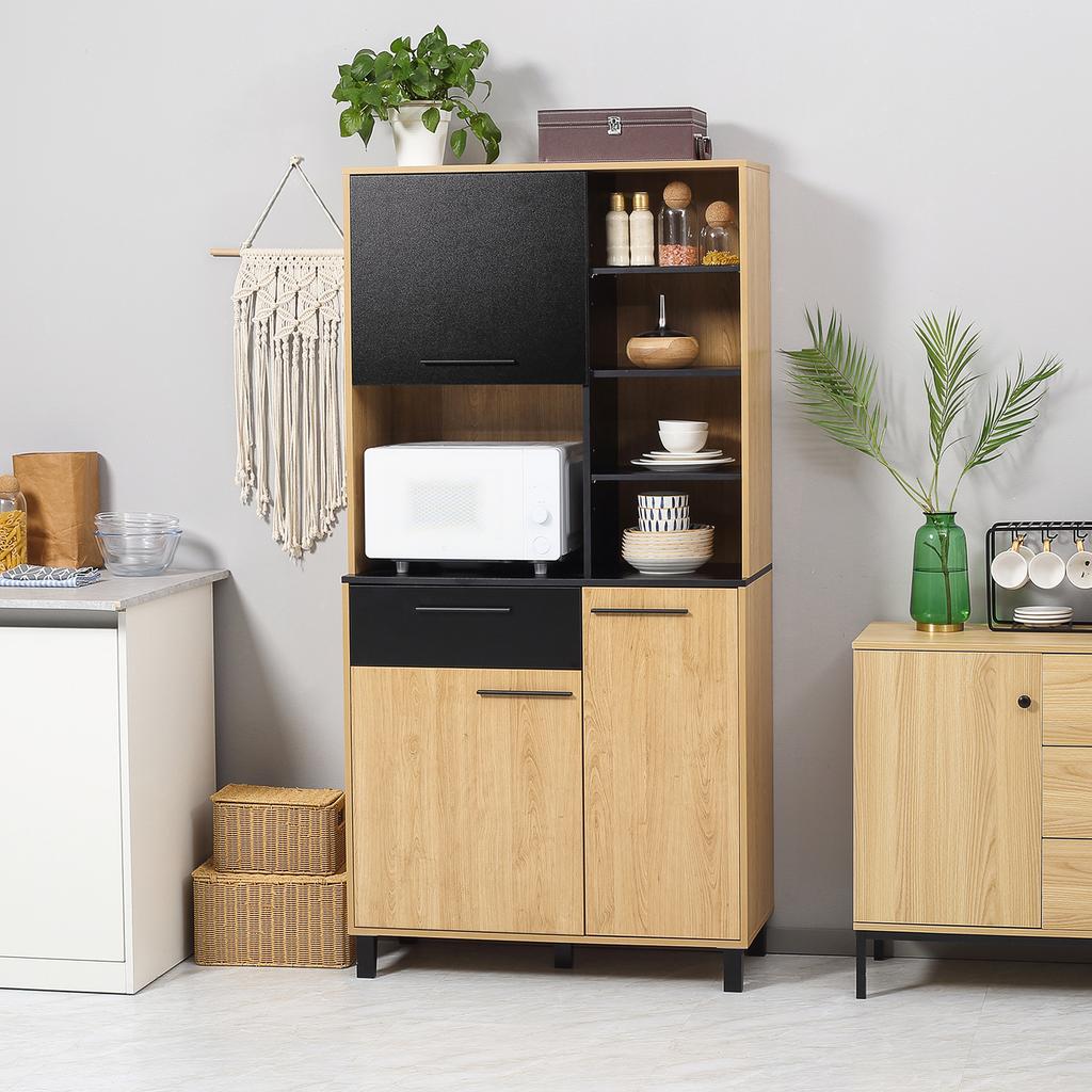 Meuble de cuisine multi-rangement avec tiroir, 3 portes, 4 niches et passe-câbles, hauteur 180 cm, noir et bois naturel